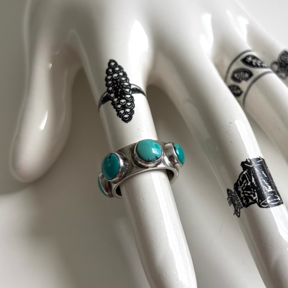 Sterling Silver Ring with Turquoise Stones Size 7 - Picture 5 of 9